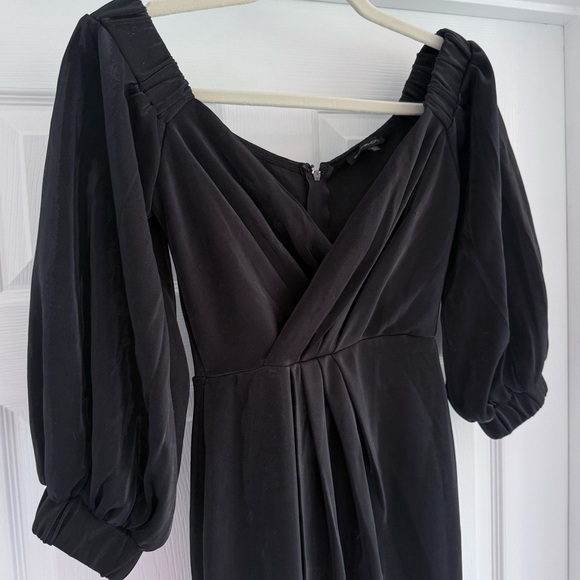 SYMPHONY Black Silvery Off The Shoulder Puff Sleeve Evening Gown Front Slit S - Picture 3 of 11